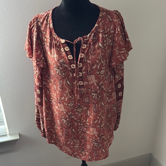 LOFT Auburn Bouquet‎ Boho ruffle split neck floral print blouse top Sz XL - Picture 3 of 9